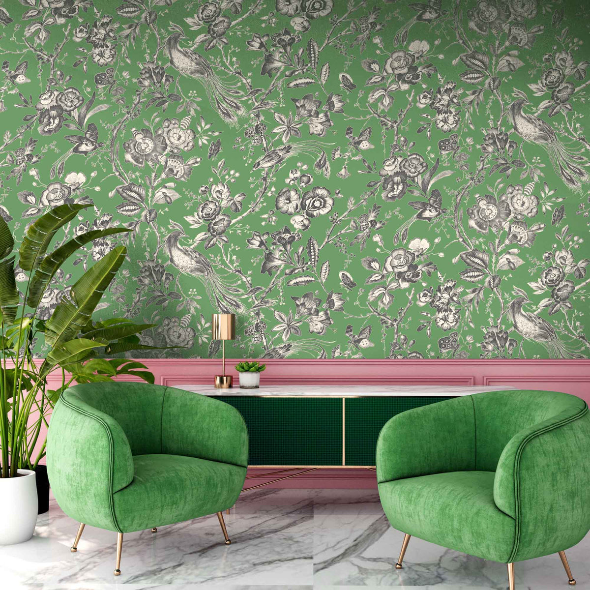 Plumage Jade Botanical Bird Wallpaper By Woodchip & Magnolia