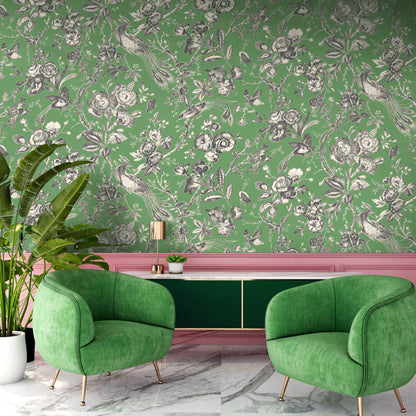 Plumage Jade Botanical Bird Wallpaper By Woodchip & Magnolia
