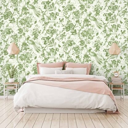 Plumage Green on Green Botanical Bird Wallpaper By Woodchip & Magnolia