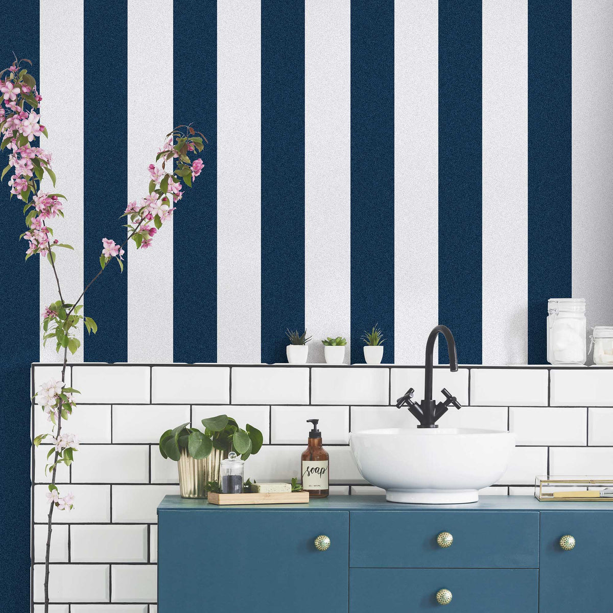 Awning Stripe Navy/White wallpaper by Woodchip & Magnolia