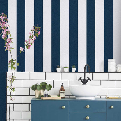 Awning Stripe Navy/White wallpaper by Woodchip & Magnolia