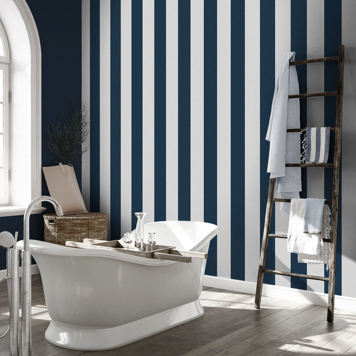Awning Stripe Navy/White wallpaper by Woodchip & Magnolia