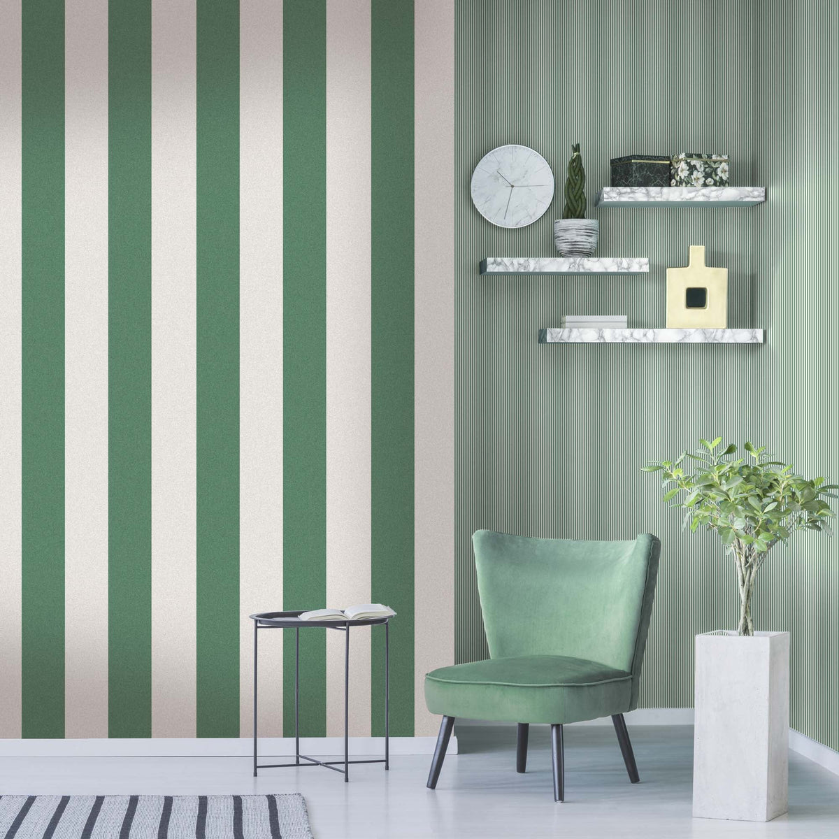 Awning Stripe Green/Magnolia wallpaper by Woodchip & Magnolia