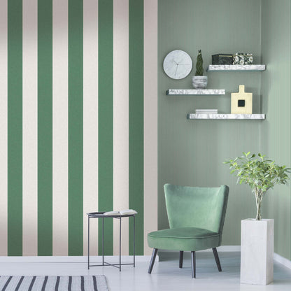 Awning Stripe Green/Magnolia wallpaper by Woodchip & Magnolia