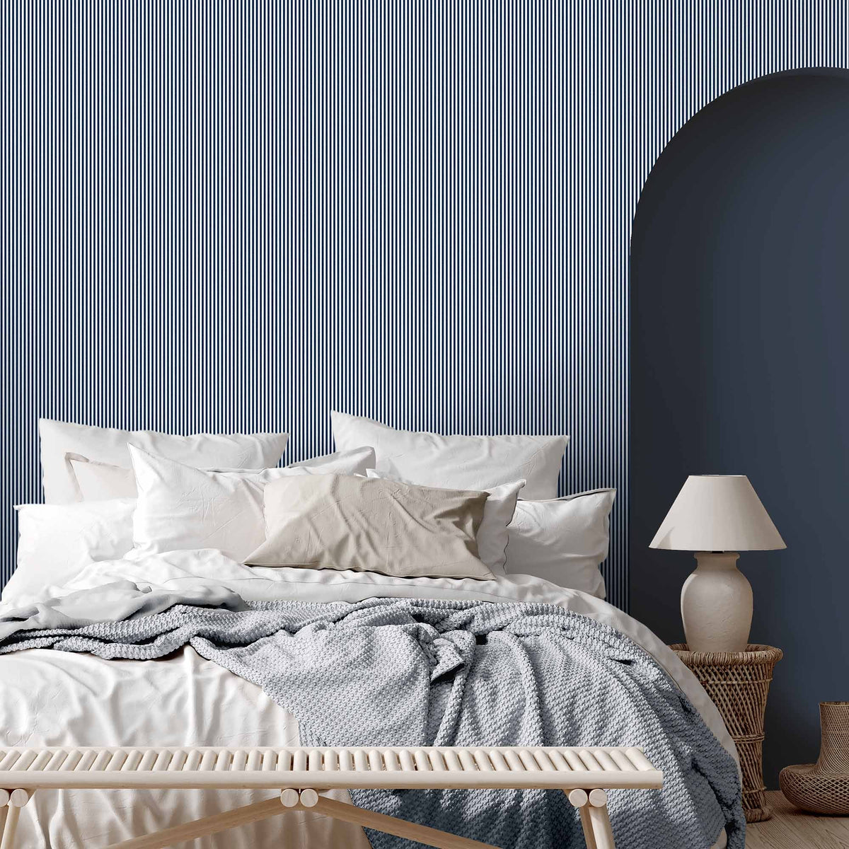 Matchstick Stripe Navy/White Wallpaper