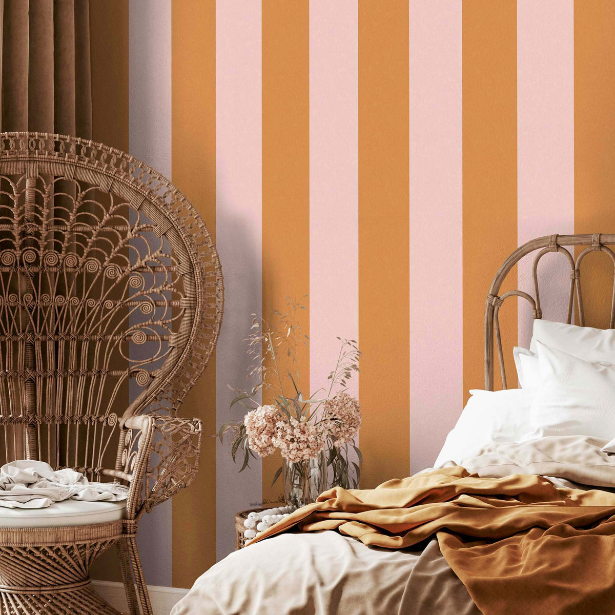 Awning Stripe Pink Cloud/Gorse wallpaper by Woodchip & Magnolia