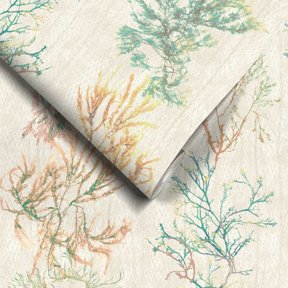 Seagrass Seaweed Stripe in Coral and Kelp Green Wallpaper