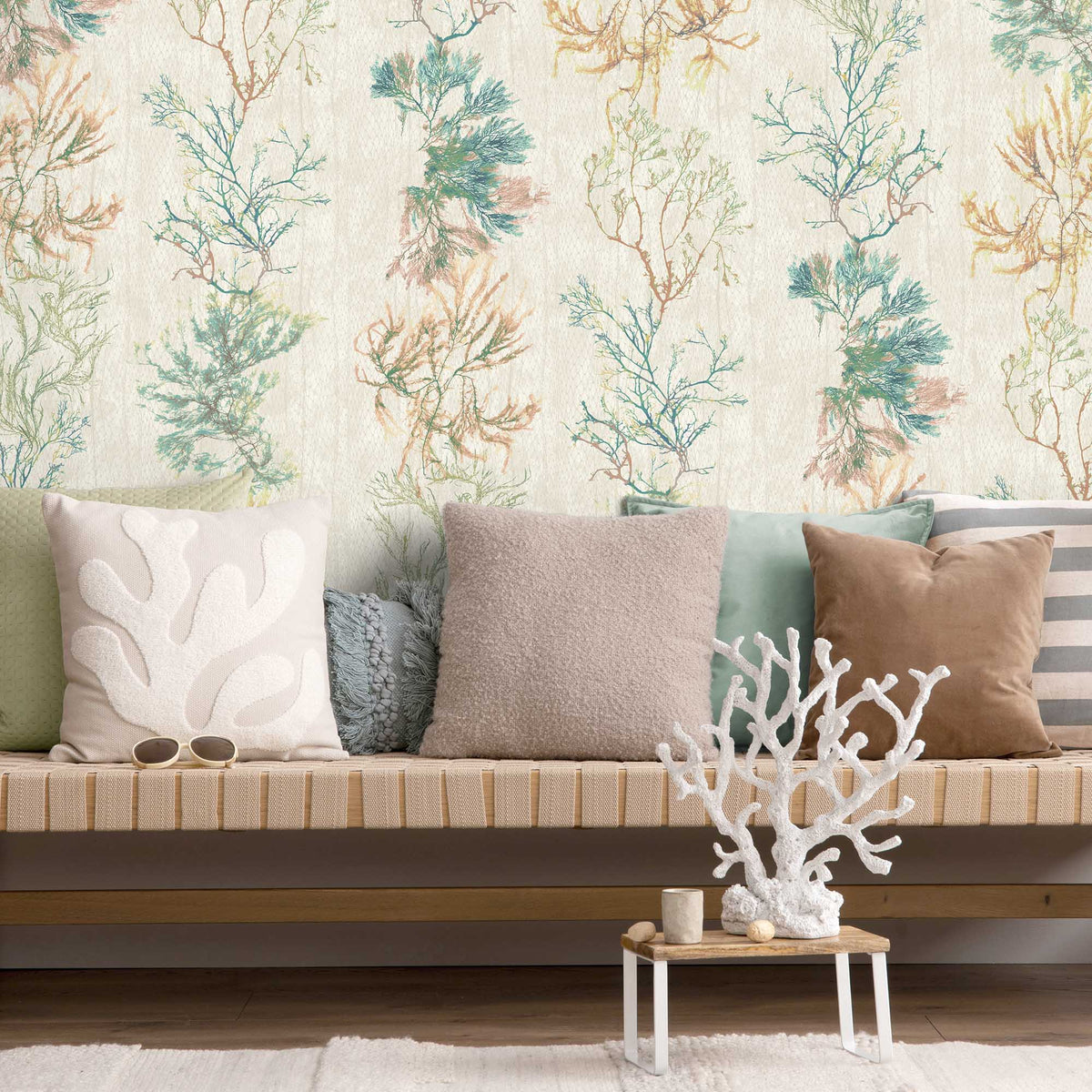 Seagrass Seaweed Stripe in Coral and Kelp Green Wallpaper