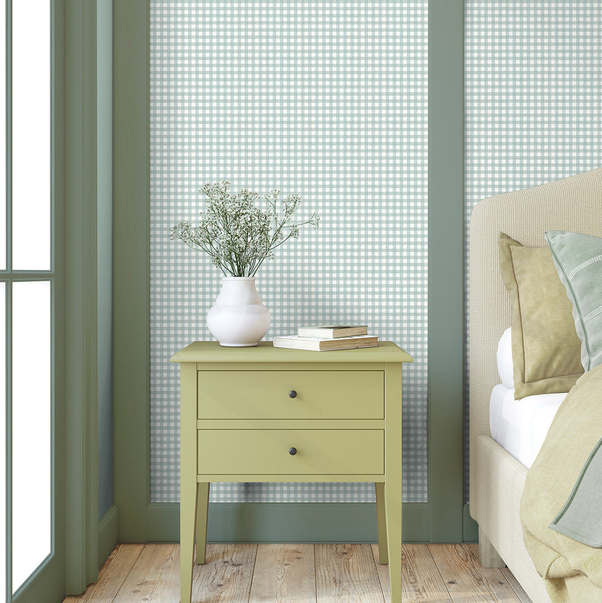 Vichy Check Duck Egg wallpaper by Woodchip & Magnolia