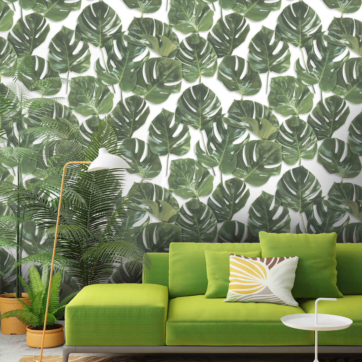 Monstera Leaf Print Wallpaper Green On White