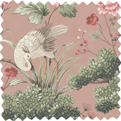 Crane Bird Vintage Pink Linen Fabric