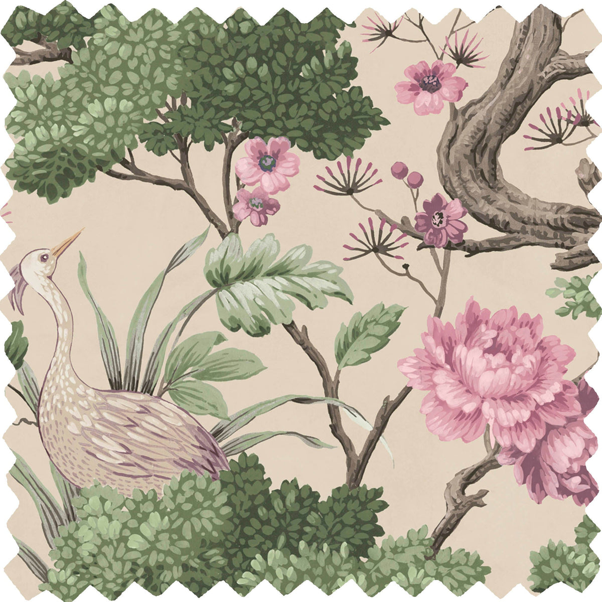 Crane Bird Rose Pink/Cream Linen Fabric