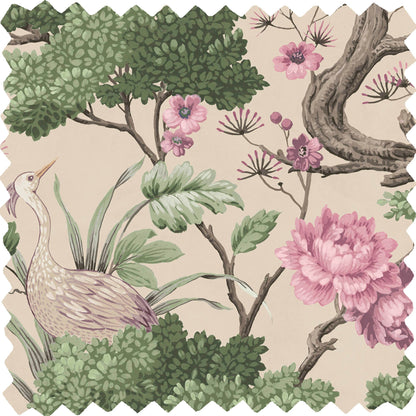 Crane Bird Rose Pink/Cream Linen Fabric