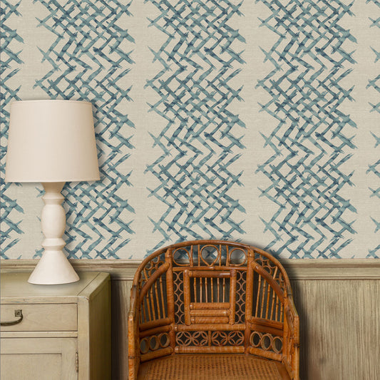 Watermark Lattice Grasscloth Wallpaper by Ferrick Mason in Blue