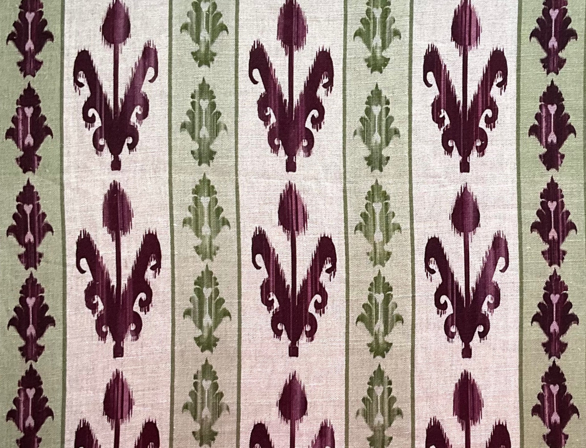 Ikat Tulip Stripe Fabric by Botanica Trading in Damson & Lime