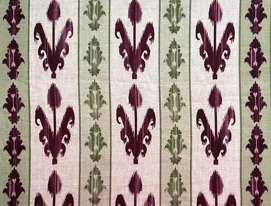 Ikat Tulip Stripe Fabric by Botanica Trading in Damson & Lime