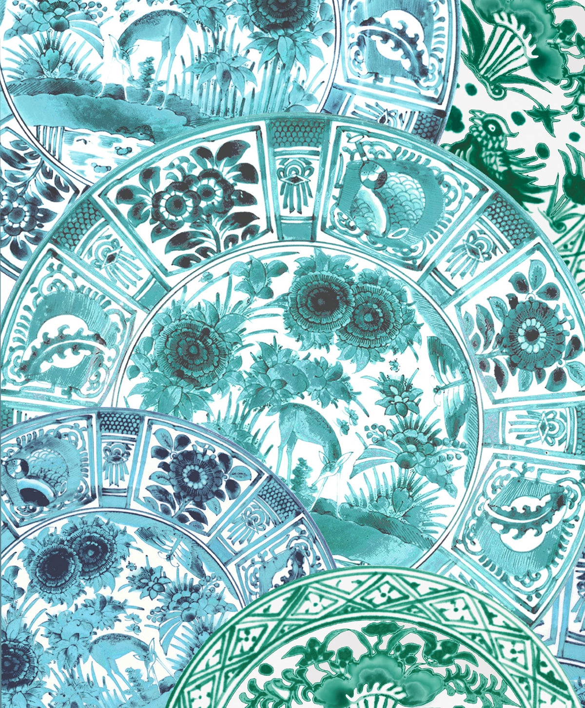 Duck & Deer Fabric by Botanica Trading in Aqua & Emerald