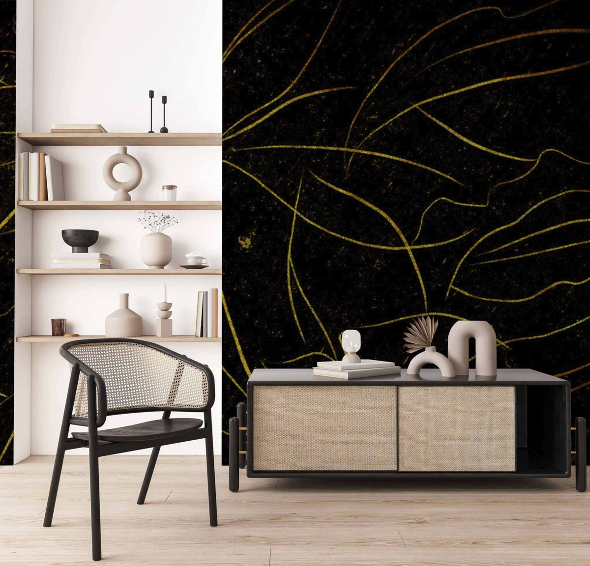 Abstract Flora mural by Coordonné in Black, shown in a styled room
