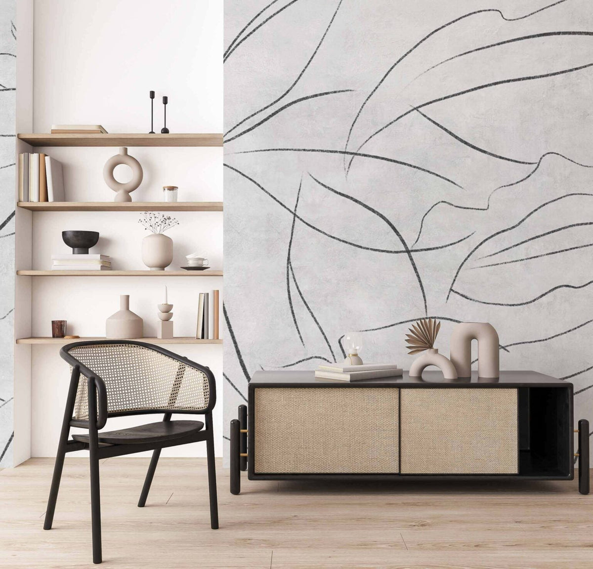 Abstract Flora mural by Coordonné in Concrete, shown in a styled room