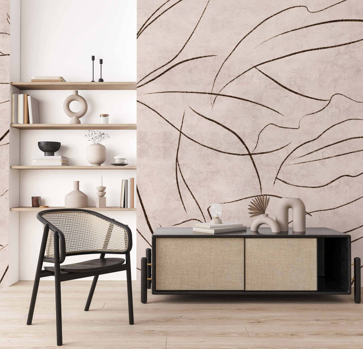Abstract Flora mural by Coordonné in Rose, shown in a styled room