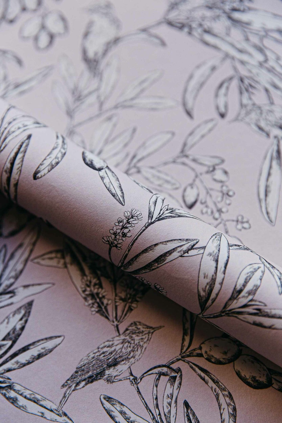 Aceituna wallpaper by Coordonné in Cava/Rosa, shown in a styled room