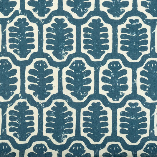 Adinkra Printed Linen Fabric by Volga Linen in Prussian Blue/Oyster