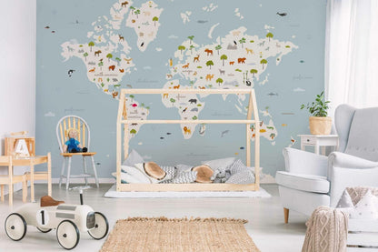 Animal Map mural by Coordonné in Aqua, shown in a styled room