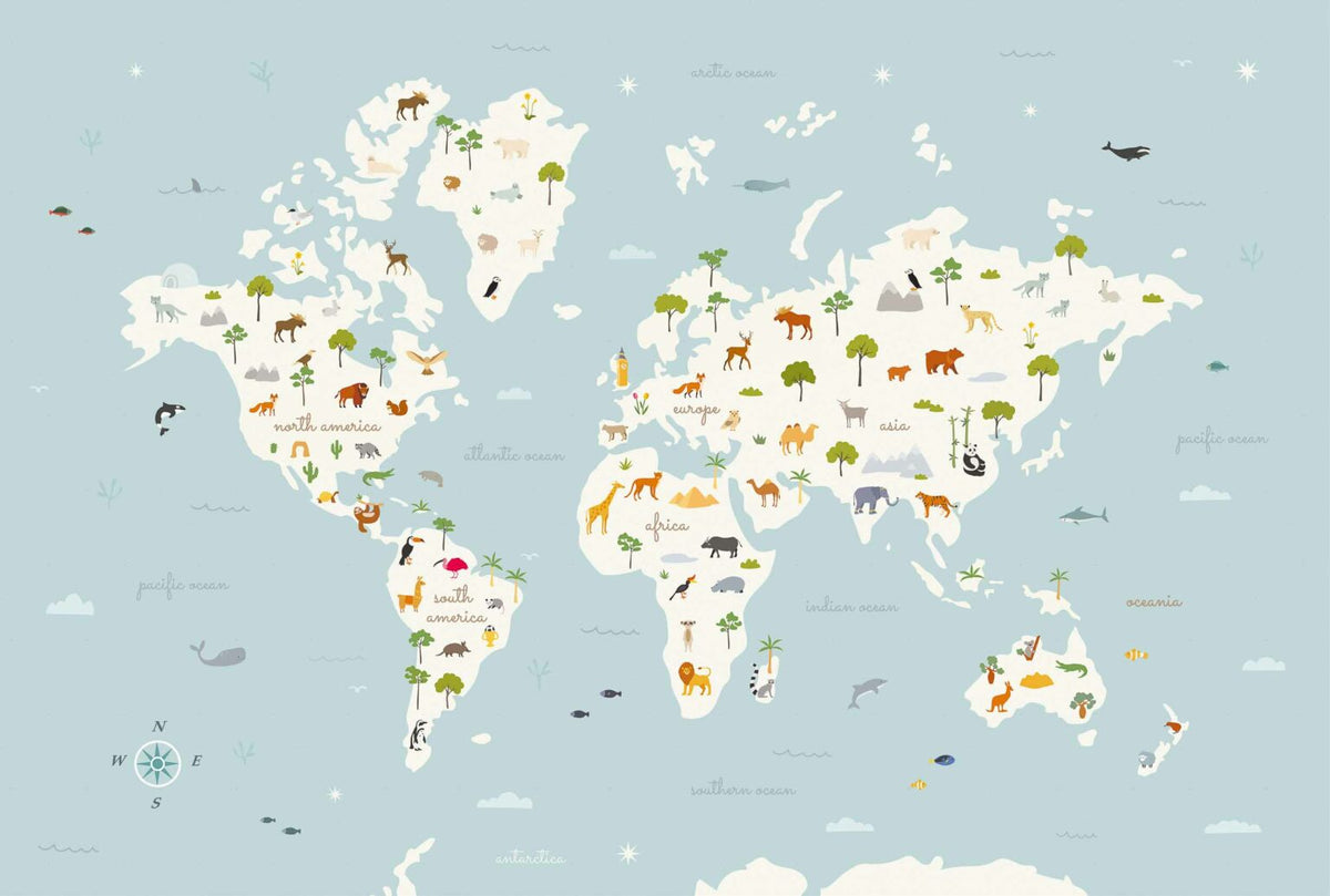 Animal Map mural by Coordonné in Aqua, flat pattern view