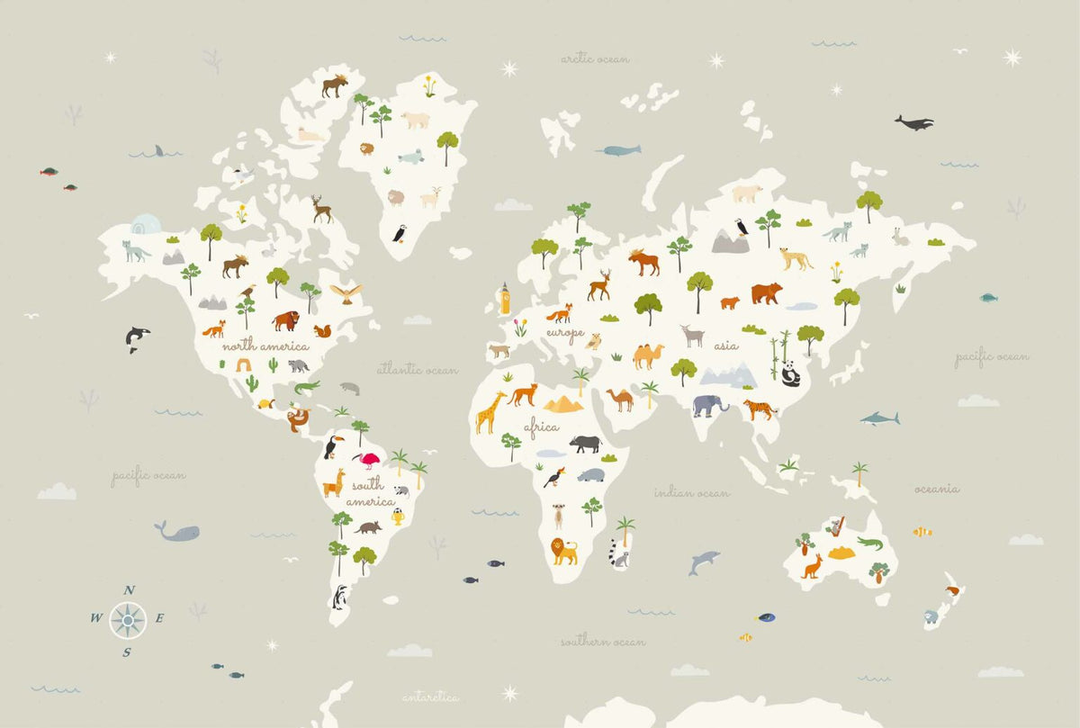 Animal Map mural by Coordonné in Cloud, flat pattern view