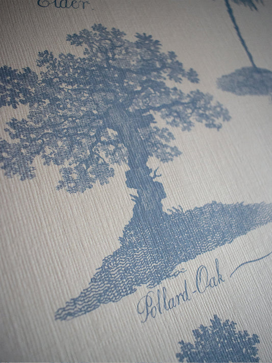 Arboreta Wallpaper by Divine Savages in Blue, pattern swatch