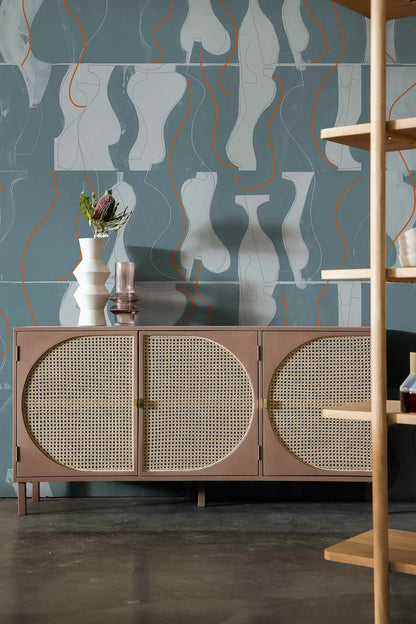 Archeological mural by Coordonné in Aqua, shown in a styled room