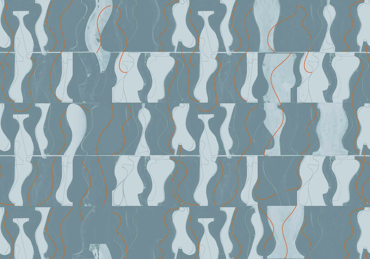 Archeological mural by Coordonné in Aqua, flat pattern view
