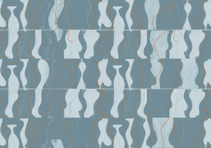 Archeological mural by Coordonné in Aqua, flat pattern view