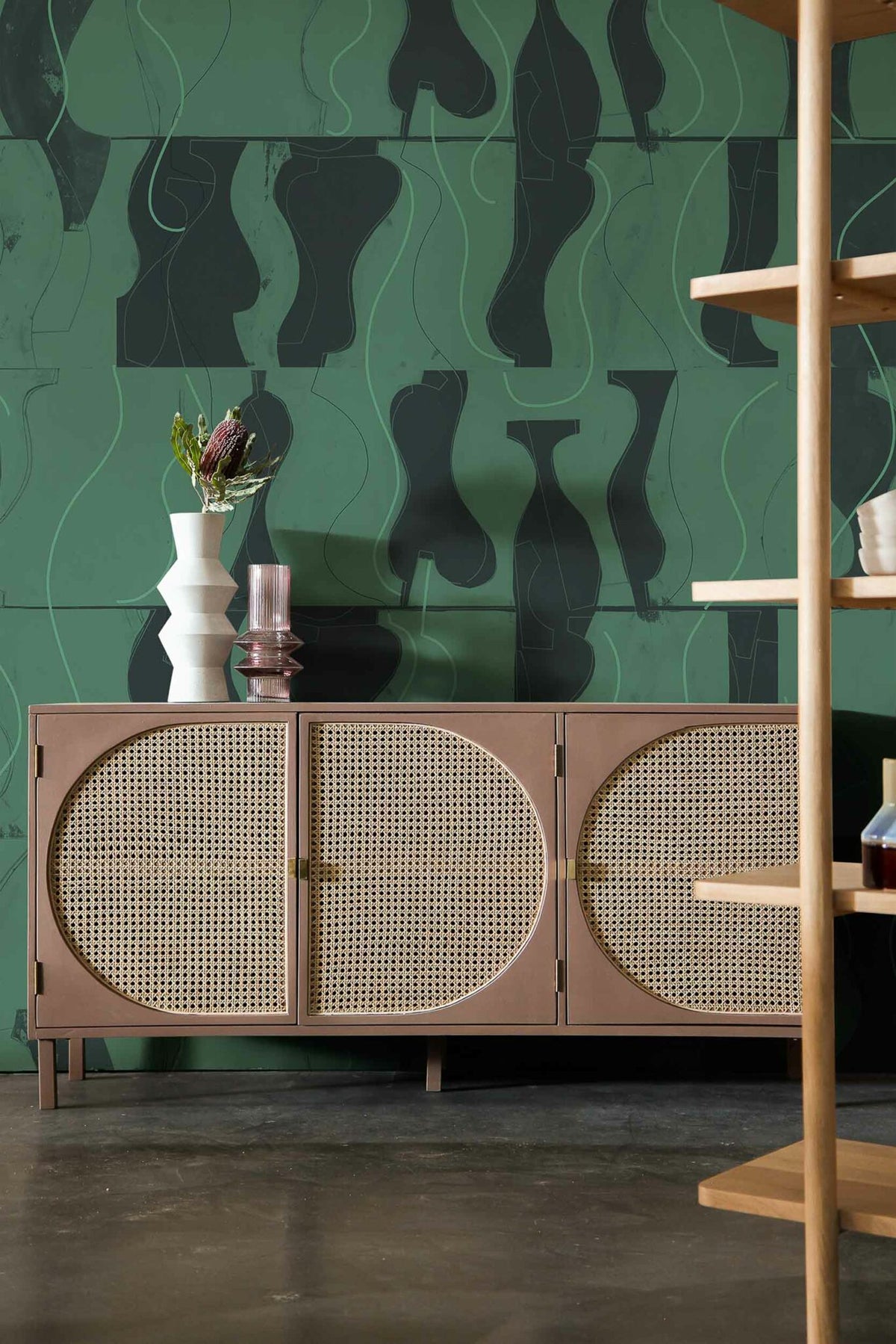 Archeological mural by Coordonné in Malachite, shown in a styled room
