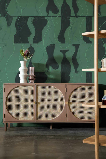 Archeological mural by Coordonné in Malachite, shown in a styled room