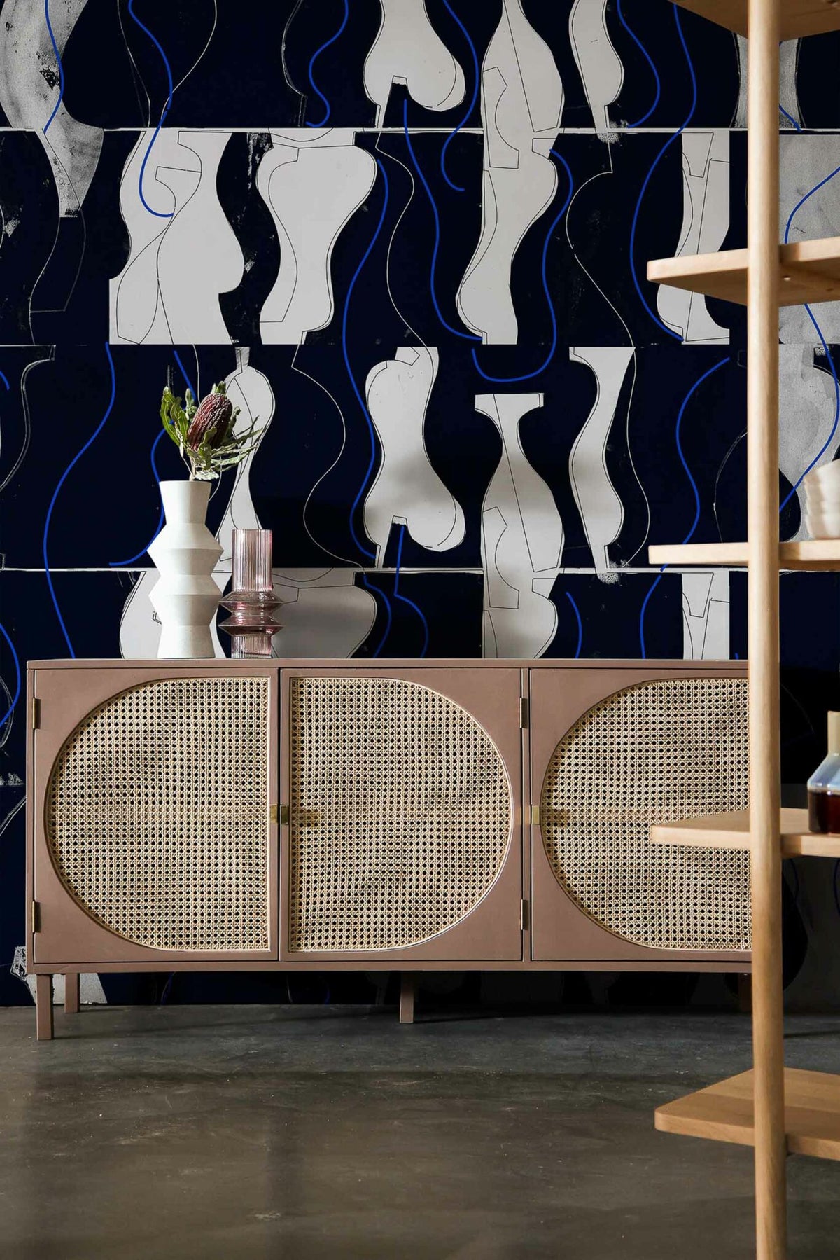Archeological mural by Coordonné in Onyx, shown in a styled room