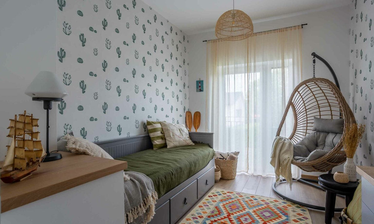 Arizona wallpaper by Coordonné in Green, shown in a styled room