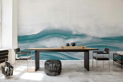 Atmospheric Haze mural by Coordonné in Aqua, shown in a styled room