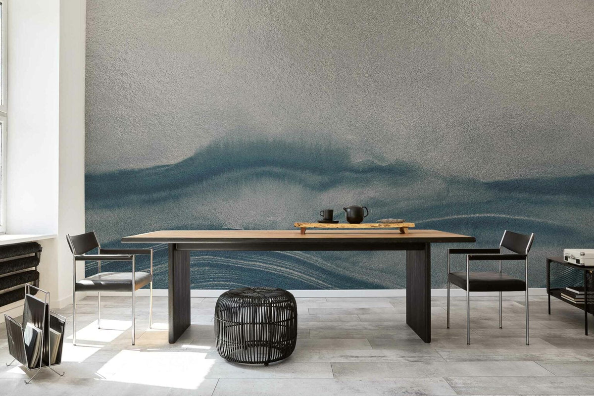 Atmospheric Haze mural by Coordonné in Metallics Silver, shown in a styled room