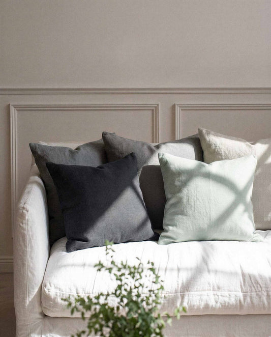 Aura fabric by Coordonné in Acero, shown in a styled room