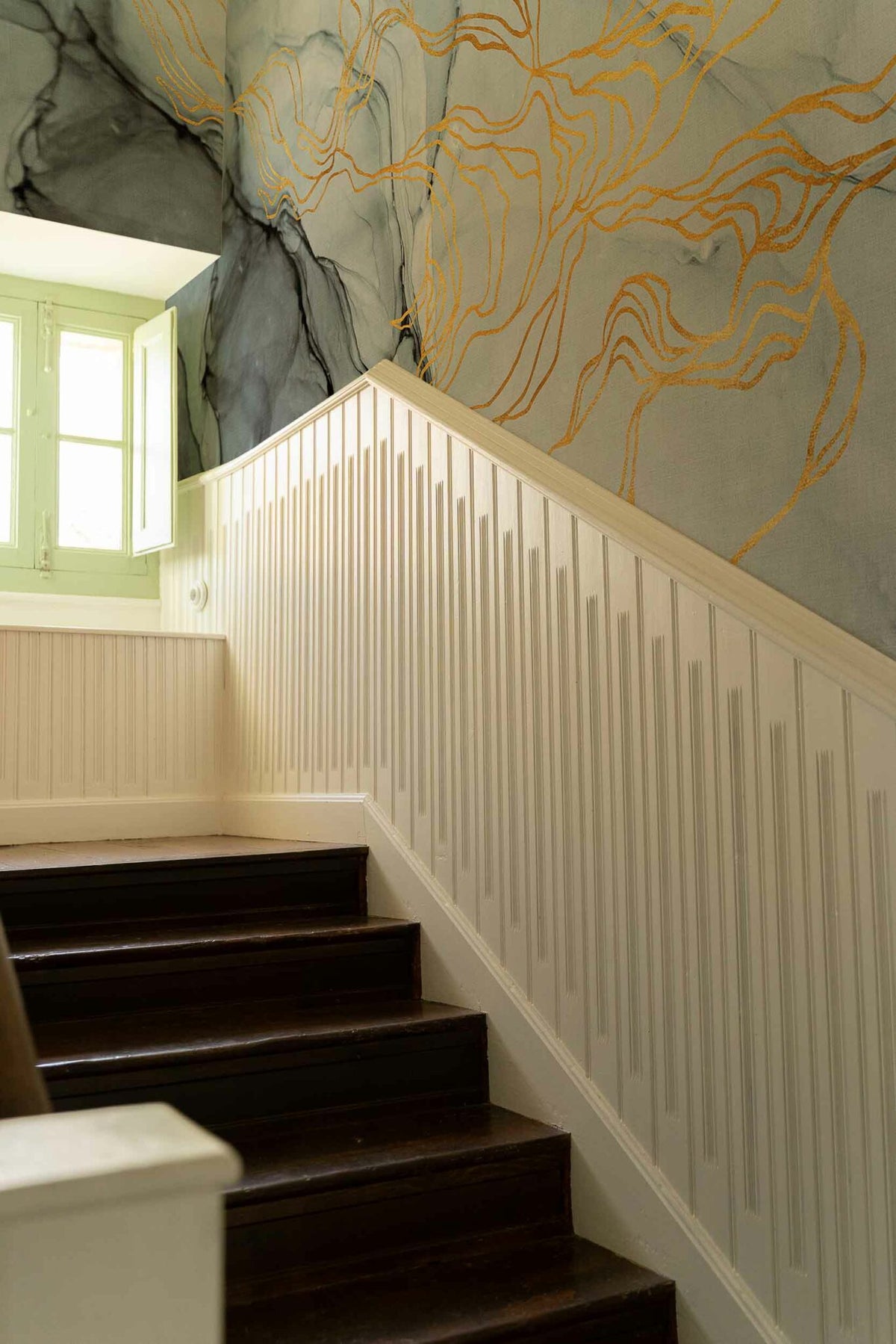 Aurora Borealis mural by Coordonné in Metalic, shown in a styled room
