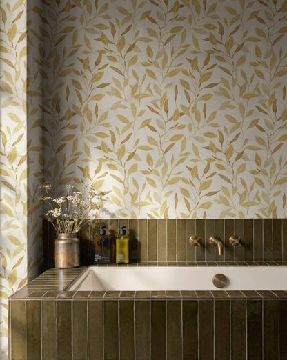 Bagru wallpaper by Coordonné in Curry, shown in a styled room