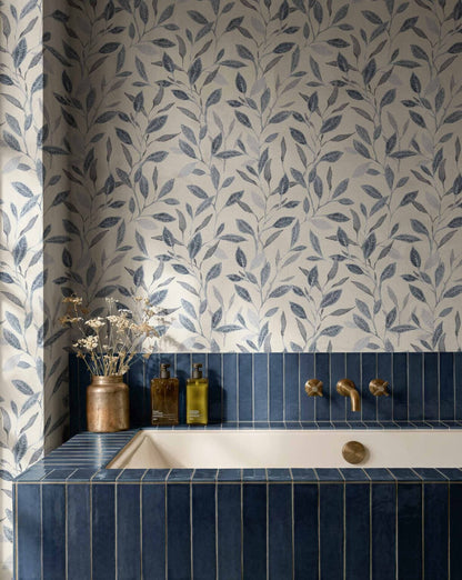 Bagru wallpaper by Coordonné in Ice, shown in a styled room