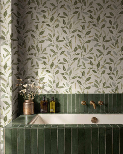 Bagru wallpaper by Coordonné in Moss, shown in a styled room
