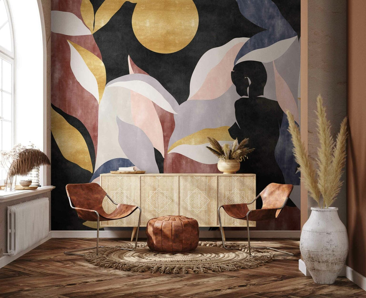 Bahir Dar mural by Coordonné in Gold, shown in a styled room