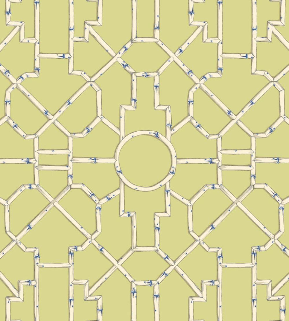 Baldwin Bamboo Wallpaper by Scalamandre Cream & Blue On Lettuce