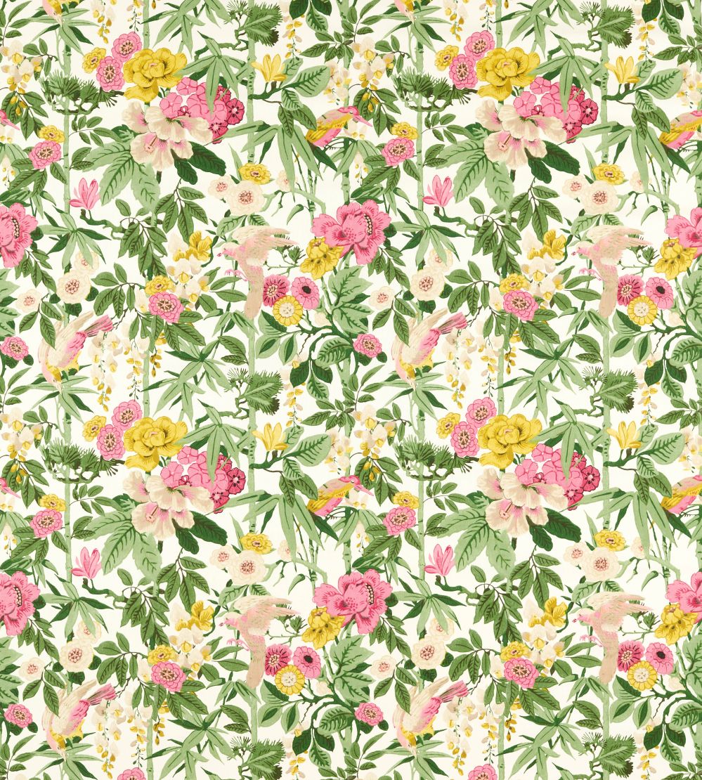 Bamboo & Birds Fabric by Sanderson Scallion Green / Fushia