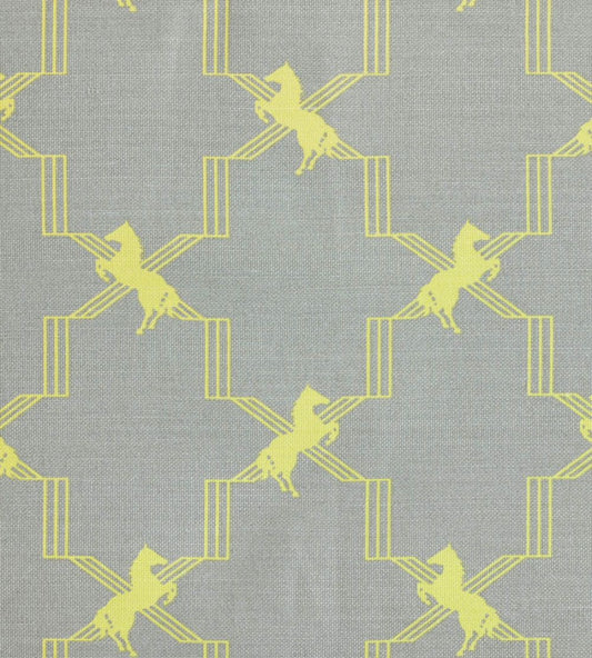 Horse Trellis Fabric by Barneby Gates Acid Yellow On Grey