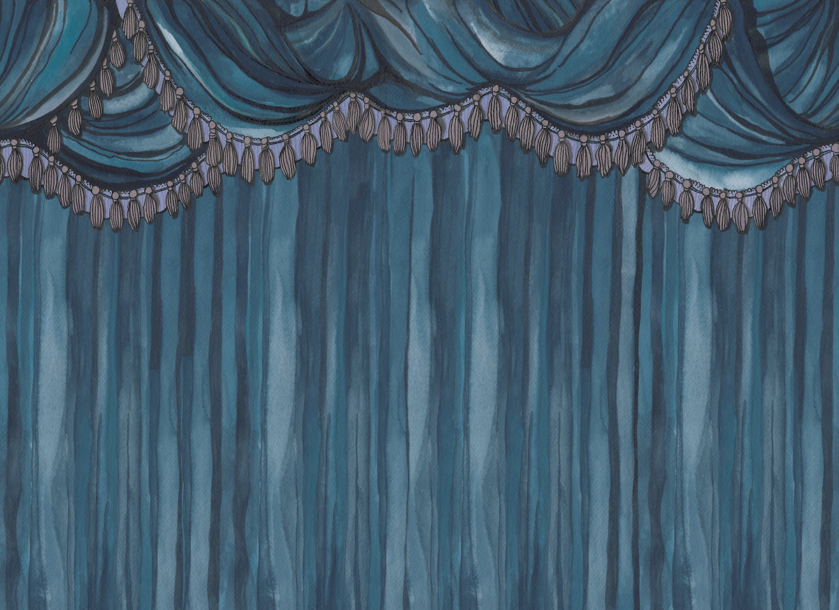 Behind the Curtains Blue mural by Rebel Walls