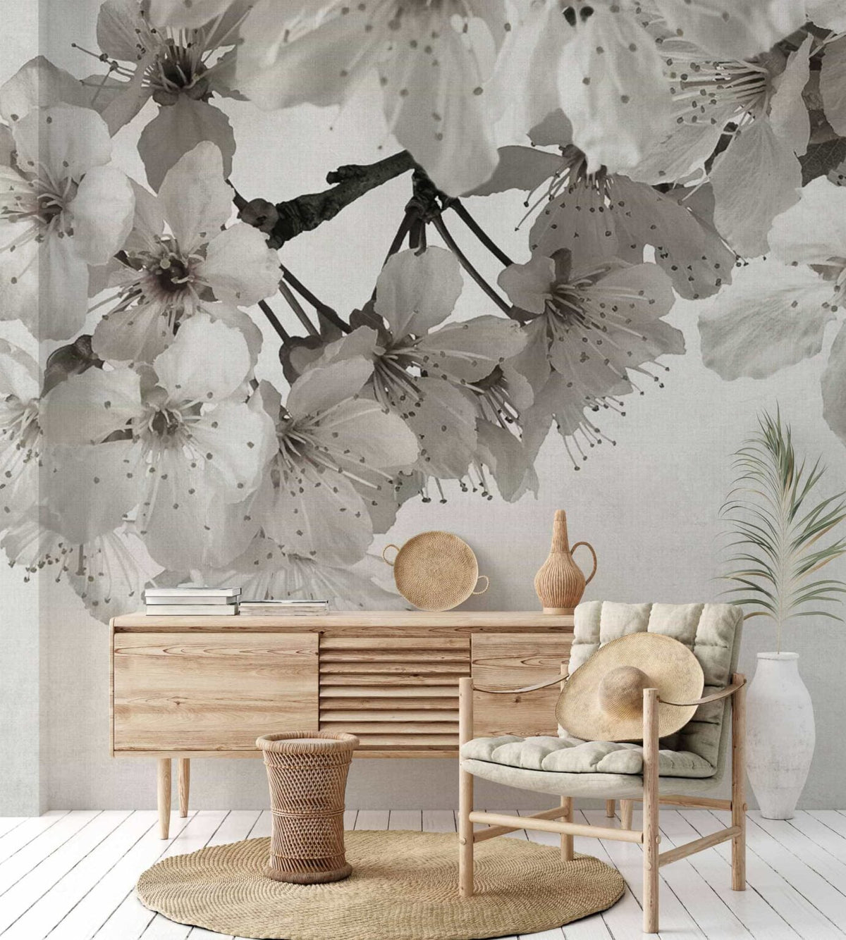 Big Random Flora mural by Coordonné in Beige, shown in a styled room